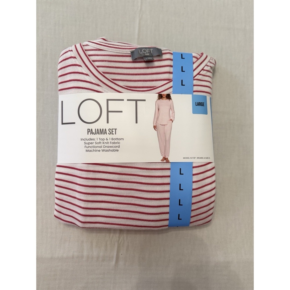 NWT LOFT Women's 2-Piece Pajama Set Large Fruit Dove Pin Stripe Pink White